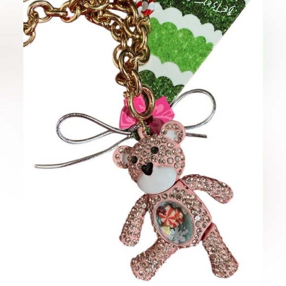 BETSEY JOHNSON Christmas Teddy Bear Pink Inlay Crystal Necklace Belly Charms NWT - Picture 7 of 9